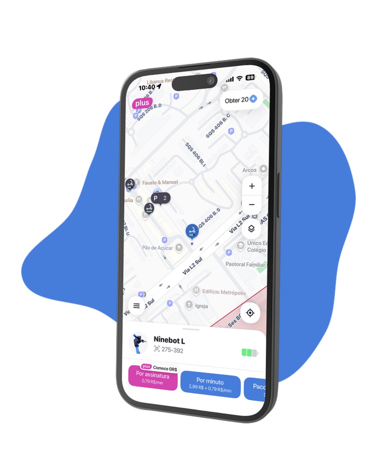 Aplicativo JET aberto no celular mostrando o mapa com patinetes disponíveis